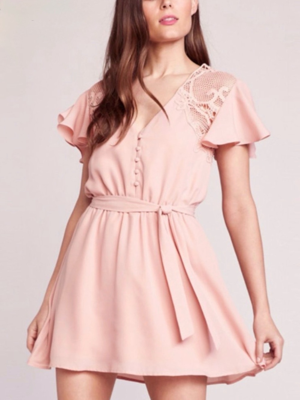 BB DAKOTA Blush Pink Lace-Shoulder Flutter Sleeve Dress - XS